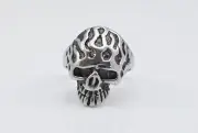 Skull Ring with Silver Flames 316L Stainless Steel Free USA Shipping