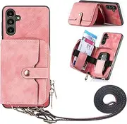[Asuwish] Phone Case for Samsung Galaxy A14/M14 5G Zipper Wallet Cover with Credit Card Holder Slot Shoulder Crossbody Strap Long Lanyard Leather Cell Accessories A 14 4G 14A 14M G5 Women Girls Pink
