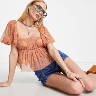 NWT Free People Babydoll Crop Top Printed Chiffon Puff Short Sleeve Blouse S