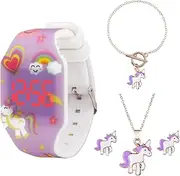 [Mamiddle] Digital Children's Watch LED Watch for Boys and Girls Simple Leisure Watch for Children with Time and Date Display One Piece Soft Luminous Silicone Case & Strap, Unicorn Purple Set, Modern
