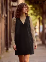 Black Corduroy Pinafore Short Sleeve Mini Dress (B48750) | $24