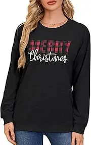 [Asoodiy] Christmas Sweatshirts Women Xmas Top Ladies Merry Christmas Tree Printed Top Drop Shoulder Sweatshirts Holiday Pullover, Black Letters, S