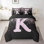 jejeloiu Pink Crystal Diamond Letters Pattern Kids Comforter Set with Sheets,Boys Girls Twin Size,Personalized Gifts 7 Piece Bedding Set,Personalized Letter K Bed in a Bag,Glitter Diamond Print