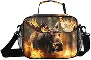 Moose Portrait Fire Insulated Lunch Box for Women Men - Ideal for Work, Picnics - Includes Adjustable Shoulder Strap