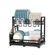 Catzon Dish Drying Rack 2 Tier with Drainboard & Cup Holder for Kitchen Counter-Black