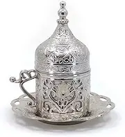 Turkish Coffee Cup with Floral Embossed Copper Shell, Lid, and Saucer, Authentic Greek, Arabic, Espresso Cup (5 Colors) (Silver)
