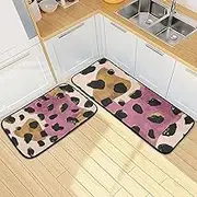 Leopard Print Black Gold Kitchen Mats for Floor, 2 Piece, Funny Cute Washable Non-Slip Kitchen Rugs Set for Home & Office, Sink, Laundry, 19.7” x 27.6” + 19.7” + 47.2”