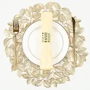 Crisjanggo Metallic Placemats Set of 6 Gold Leaf Round Placemats Non-Slip Wipeable Table Mats for Dinner,Party,Wedding Accent Centerpiece