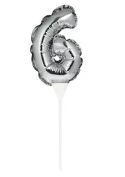 Silver Self-Inflating Number 6 Balloon Cake Topper