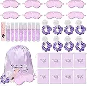 TKNOUS Purple Sleepover Party Supplies for Women 32 Pcs Slumber Party Supplies with Satin Eye Mask Satin Hair Scrunchies Lip Gloss Gift Bag for Sleepover Slumber Party