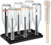 Hejo Mug Holder, Black Elegant Metal Bottle Drying Rack for 6 Bottles, Bottle Drying Rack with Cup Brush, Bottle Holder for SodaStream, Bottles, Cups