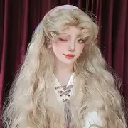 JINEKU 26in Retro Curly Long Wig with Curly Styling Bangs, Honey Brown Blonde Purple Wavy Water Wave Lolita Wig for Women (Blonde)