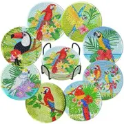 8 Pieces Diamond Art Painting Coasters Kit with Holder, Diamond Parrots Style