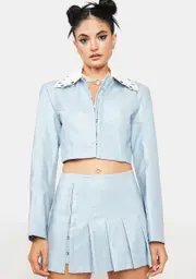 [No Dress] Blue Short Vegan Leather Jacket