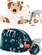 [YTYVAGT] 2-Pc,Nurse Scrub Caps,Scrub Hats with Buttons and Cotton Sweatband,Cartoon Cute Dogs Paw Prints