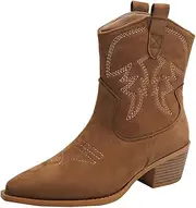 [Generic] Cowgirl Boots Women Knee High Boots Stitched Embroidered Pointed Toe Short Chunky Classic Brown US5-10.5