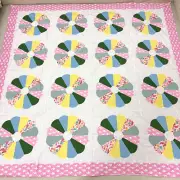 Handmade Pink Dresden Plate Cotton Fabric Queen Size Patchwork quilt top/topper