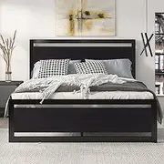SHA CERLIN Queen Size Bed Frame with Modern Headboard, Heavy Duty Platform Metal Base with Square Footboard and 13 Strong Slats Support, No Box Spring Needed, Black