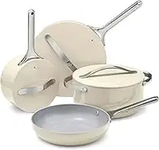 Caraway Nonstick Ceramic Cookware Set (12 Piece) Pots, Pans, 3 Lids and Kitchen Storage - Non Toxic - Oven Safe & Compatible with All Stovetops - Cream