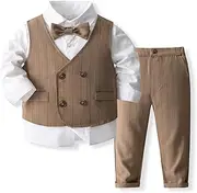 [IMEKIS] Baby Boys Gentleman Suit Formal Birthday Wedding Christening Tuxedo Outfits Long Sleeve Button Down Shirt Trousers + Vest and Bow Tie, 4-Piece Set