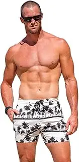 [Tucann] Black Palms White Swim Trunks (3" and 5") - 4 Way Stretch, Quick Dry, Chlorine Resistant, Built in Compression Liner