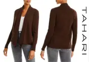 NWT Tahari 100% 2 Ply Cashmere Drape Open Front Cardigan Brown Sz. L relaxed fit