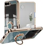 [UPLAI] Stylish Case for Samsung Galaxy Z Flip6, Slim Shockproof Electroplating Design Mobile Phone Case with Ring Holder, Soft TPU Silicone Bumper Protective Cover, Grey