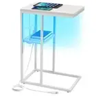 LED C Shaped End Table with Charging Station, Small Side White With LEDs