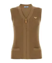 Prada V-Neck Zip Up Knit Vest IT38 Camel brown