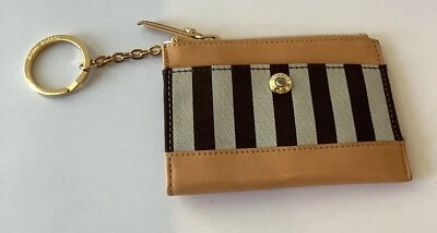 HENRI BENDEL Brown White Stripe Mini Zip Key Fob Pouch Keychain Wallet NWT NEW