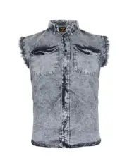 Mens Biker Cuttoff Cotton Shirt Stonewash Black/White