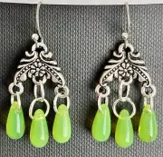 Etched Silver Tone Flower and Vibrant Green Teardrop Dangle Earrings.