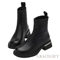 在飛比找momo購物網優惠-【Grace Gift】前衛金屬感圓頭厚底襪靴