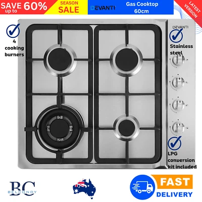 Devanti Gas Cooktop 60cm 4 Burner Stainless Steel Home Kitchen Metal Knobs