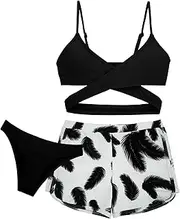 Happy Cherry 3 Piece Girls Bikini Sets Swimsuit Kids 50 UPF UV Sun Protection Swimwear Teenage Bathing Suits Backless Top+Triangle Bikini Bottoms+Shorts for 8-14 Years