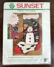 Sunset Fabric Applique Patchwork Snowman Stocking Cristmas Wool Kit Vtg 1994 NEW