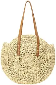 Straw Beach Bag Handbags Women Handwoven Round Corn Straw Beach Bag Bags Natural Chic Hand Large Summer Beach Tote Woven Handle Shoulder Bag,Beige