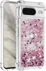 Shockproof Phone Case for Google Pixel 8 with Liquid Quicksand Glitter & Floating Hearts, 4-Corner Reinforced Dual-Layer TPU Cover, SSD-Certified Safe Phone Protector (Rose Gold)