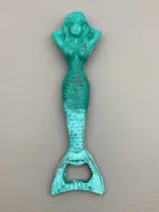 Mermaid Beer Bottle Opener Cast Iron Handheld Green Verdigris Patina Nautical