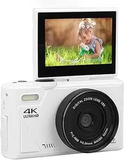 4K Digital Camera for Photography and Video, 64MP UHD Auto Focus Vlogging Camera with 18X Digital Zoom, 180° 3.0 Inch Flip Screen, Anti Shake Point and Shoot Camera for Travel (White)