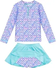 [Meteorito] Girls Rash Guard Set Two Pieces Printed Zipper Swimsuit Skirt with Shorts 3-12T
