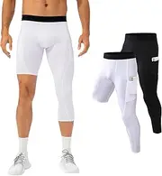 [Akkad Kuti] Mens One Leg Compression Tights for Basketball Gym Sport Leggings 3/4 Compression Pants with Pockets