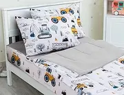 Meeting Story 3pcs Kids Comforter Sets Zipper Bedding for Boys, Twin Kid Car Comforter Construction Bedding Set (White, Twin)