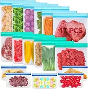 17 PCS Reusable Freezer Bags-Food Storage Bag For Kitchen Storage & Organisation, BPA Free PEVA Storage Bags Extra Thick Sandwich Leakproof Eco-Friendly Ziploc Bags Lunch Bags Large Zip Lock Bags