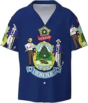 [HVTTIOR] Maine State Flag Print Short Sleeve Shirt Cuban Collar Beach Casual Style Summer Vacation Relaxed Fit
