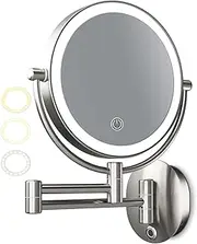 8 Inch Brushed Nickel Wall Mounted Double Sided LED Makeup Vanity Mirror with 3 Color Stepless Dimmable, Bathroom 360° Swivel Beauty HD Magnification Shaving Cosmetic Mirror,Hard Wired,10X