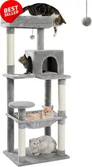 143cm Multi-Level Cat Tree – Scratching Post, Hammock & Top Perch (Grey)