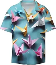 [CADREWY] Origami Paper Cranes Print Men's Lightweight Stylish Classic Cuban Collar Style Short Sleeve Practical Pocket