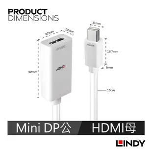 LINDY林帝 MINI DISPLAYPORT公 To HDMI母 轉換器 10cm (41014_A) 支援Mac