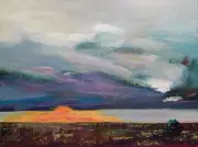 ORIGINAL ART LANDSCAPE PAINTING SUNSET SMITH MTN LAKE SW VA USA BY SUE FURROW